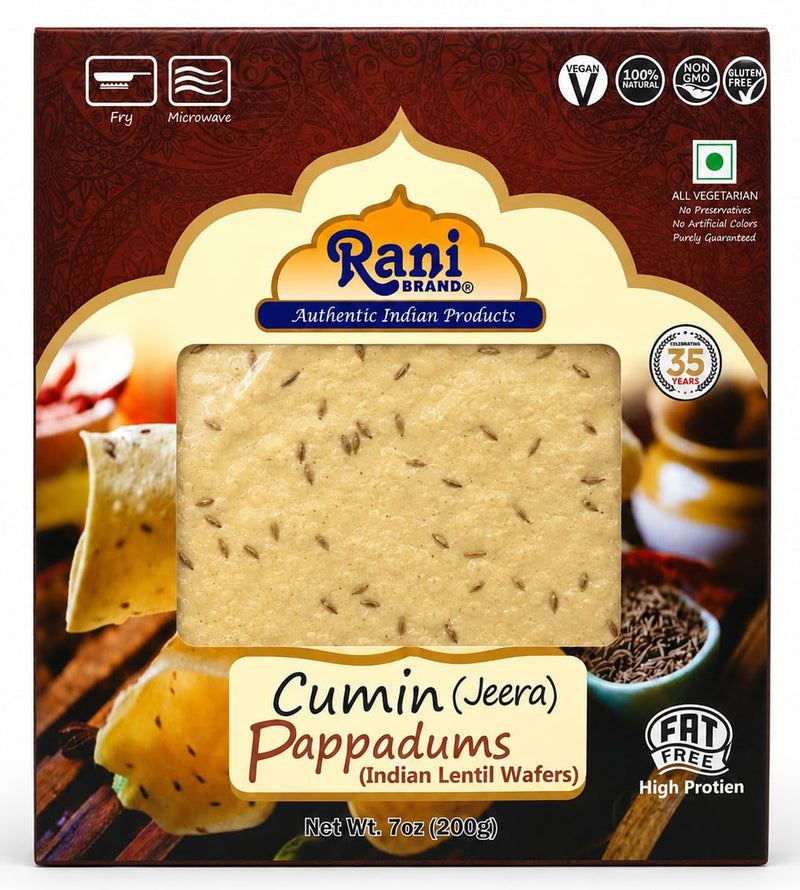 Rani Pappadums (Indian Lentil Wafer Snack) Jeera (Cumin) Papad 7oz (200g) Approximately 15pc, 7 inches, Pack of 2 ~ All Natural | Gluten Friendly