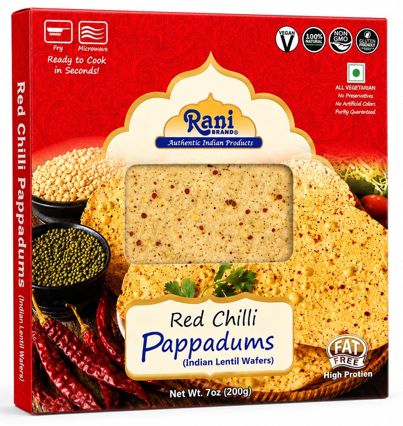 Rani Pappadums (Indian Lentil Wafer Snack) Red Chilli Papad 7oz (200g) Approximately 15pc, 7 inches, Pack of 2 ~ All Natural | Gluten Friendly | NON-GMO | Vegan | Indian Origin