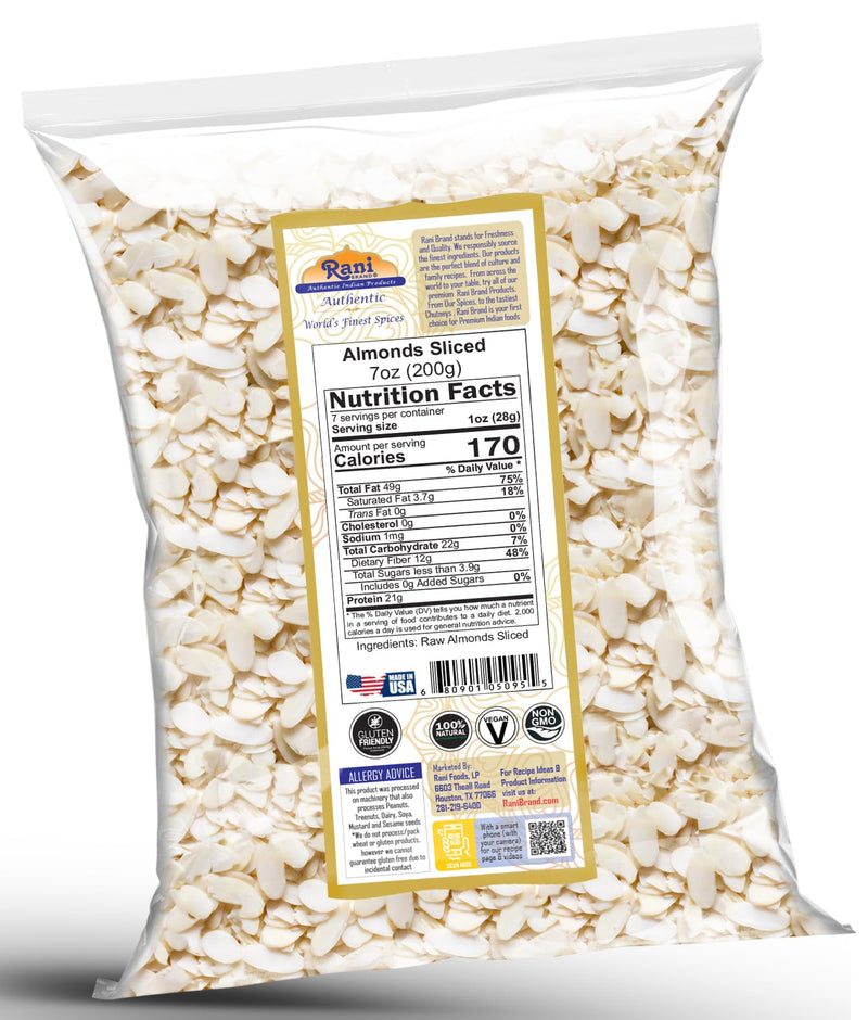 Rani Sliced Almonds (uncooked, unsalted) 7oz (200g) ~ All Natural | Vegan | Gluten Friendly | Kosher | Fresh Product of USA ~ California Shelled Almonds