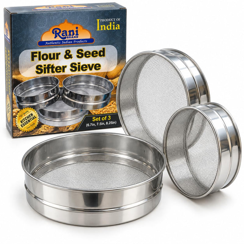 Stainless Steel Sieve ~ Set of 3 ~ for Flours, Seeds, Beans & Lentils - Sizes 6.7", 7.5", 8.25" by Rani Brand