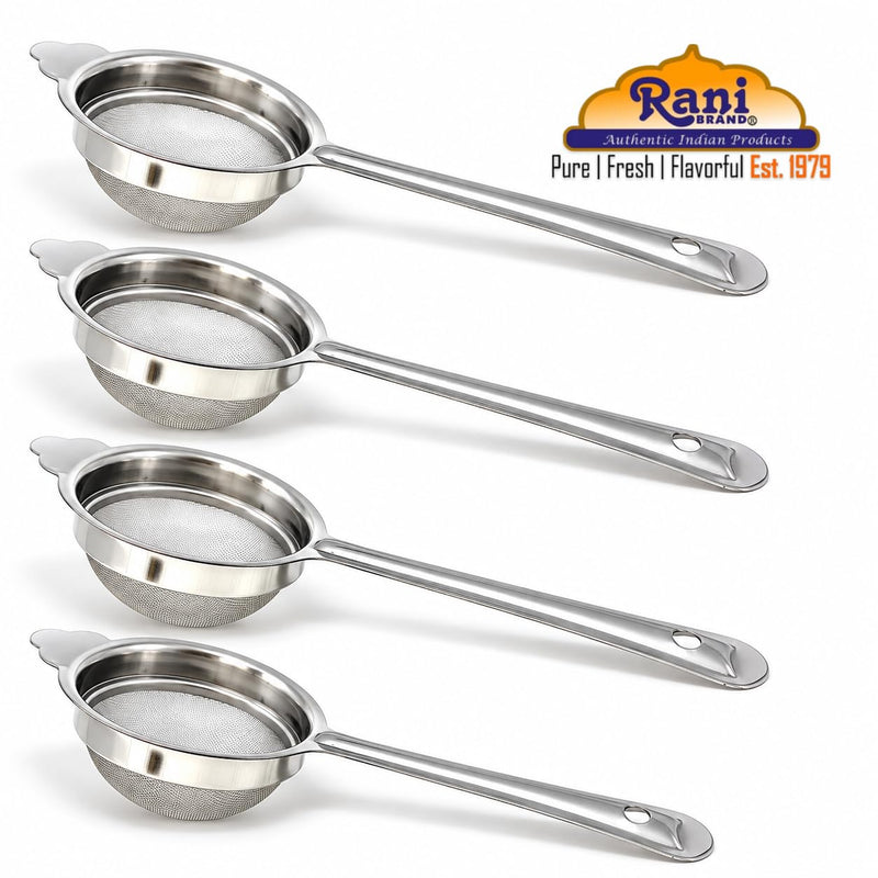 Rani Tea Strainers (3in) Stainless Steel Fine Mesh Tea Strainer, 4-Pack, Reusable Strainers for Loose Leaf Tea, Juice & Baking, with Support Tab & Hanging Hole