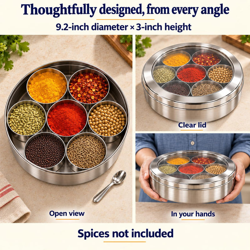 Rani Spice Box Stainless Steel Transparent Round Storage (9.2in x 3in) For Spices (Masala Dabba) 7 Compartments, with spoon ~ Packed in an attractive box, perfect for gifts!