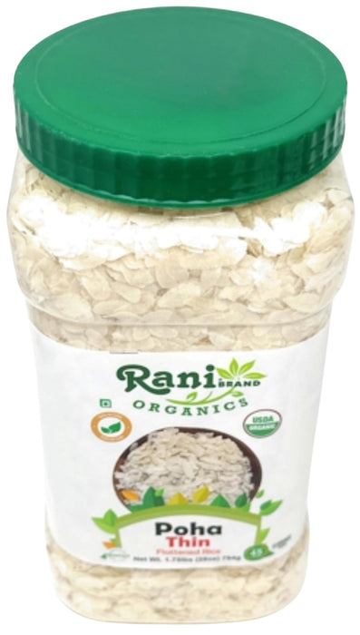 Rani Organic Poha (Powa) Thin Cut (Flattened Rice) 28oz (1.75lbs) 800g PET Jar ~ All Natural, Salt-Free | Vegan | Kosher | No Colors | Gluten Friendly | Indian Origin | USDA Certified Organic