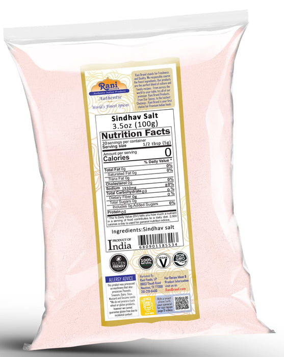 Rani Sindhav Namak (Rock Salt) Powder 3.5oz (100g) ~ Unrefined, Pure and Natural | Vegan | Gluten Friendly | NON-GMO | Kosher | Indian Origin