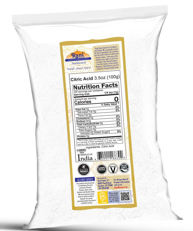 Rani Citric Acid Powder, Food Grade (Limbu Ka Ful) 3.5oz (100g) ~ Used for Cooking, Bath Bombs, Cleaning | Gluten Friendly | Kosher | Indian Origin