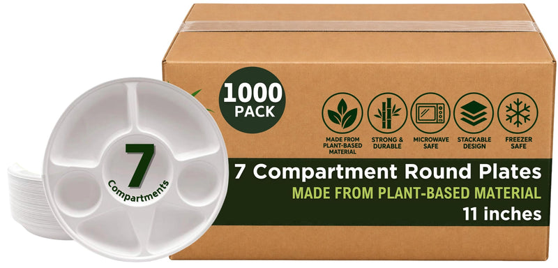 Rani 7 Compartment Round Biodegradable Divided Plates, Pack of 1000 ~ Party, Thali, Buffet | Disposable & Eco-Friendly | Heavy-Duty Sturdy Paper Bagasse | Premium Quality | 11" Diameter, 1.38" Height