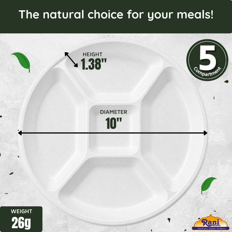 Rani 5 Compartment Round Biodegradable Divided Plates, Pack of 500 ~ Party, Thali, Buffet | Disposable & Eco-Friendly | Heavy-Duty Sturdy Paper Bagasse | Premium Quality | 10" Diameter, 1.38" Height