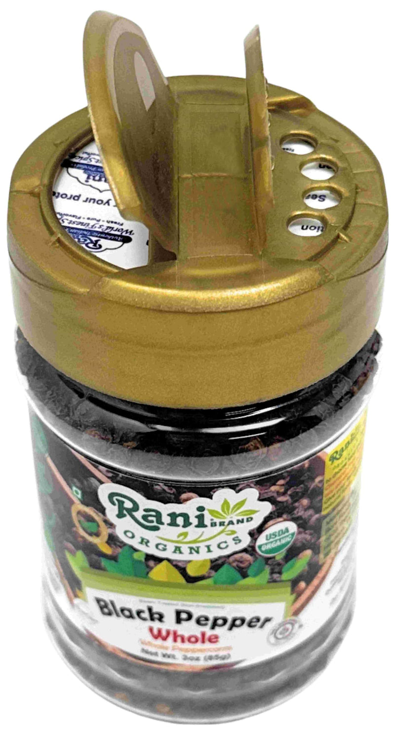 Rani Organic Black Pepper Whole (Peppercorns), Premium Bold Tellicherry Quality 3oz (85g) PET Jar ~ All Natural | Gluten Friendly | Non-GMO | USDA Certified Organic | Kosher | Product of Vietnam