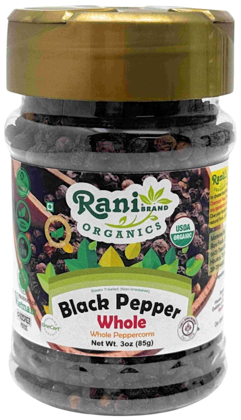 Rani Organic Black Pepper Whole (Peppercorns), Premium Bold Tellicherry Quality 3oz (85g) PET Jar ~ All Natural | Gluten Friendly | Non-GMO | USDA Certified Organic | Kosher | Product of Vietnam