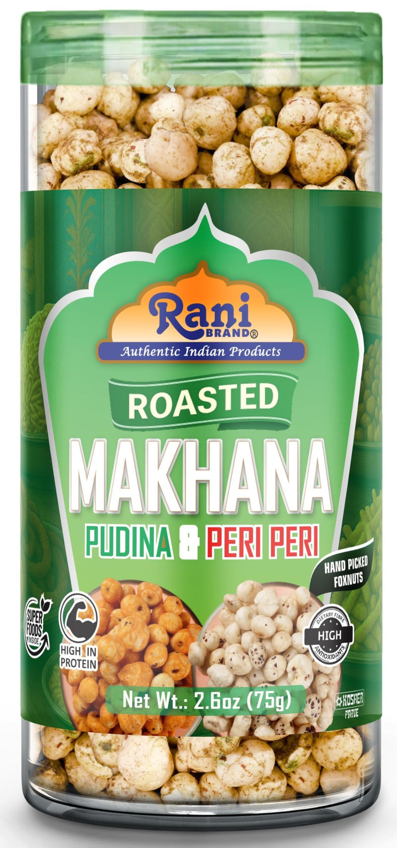 Rani 4 in 1 Combo Set of Roasted Makhana Salt & Pepper, Peri Peri, Tandoori, (2in1) Pudina & Peri-Peri, 2.6oz (75g), Pack of 4, Ready to eat ~ Vegan | Gluten Friendly | Kosher | Indian Origin