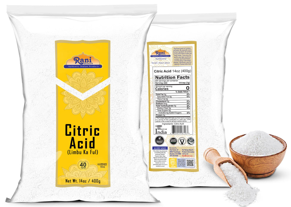 Rani Citric Acid Powder, Food Grade (Limbu Ka Ful) 14oz (400g) ~ Used for Cooking, Bath Bombs, Cleaning | Gluten Friendly | Indian Origin100g) ~ Used for Cooking, Bath Bombs, Cleaning | Gluten Friendly | Indian Origin
