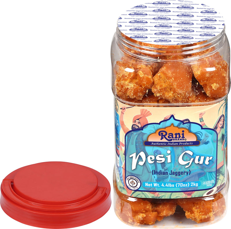 Rani Pesi Gur (Jaggery) Indian Unrefined Raw Cane Sugar 70oz (4.4lbs) 2kg PET Jar ~ Gluten Friendly | Vegan | NON-GMO | Kosher | No Salt or fillers | Indian Product