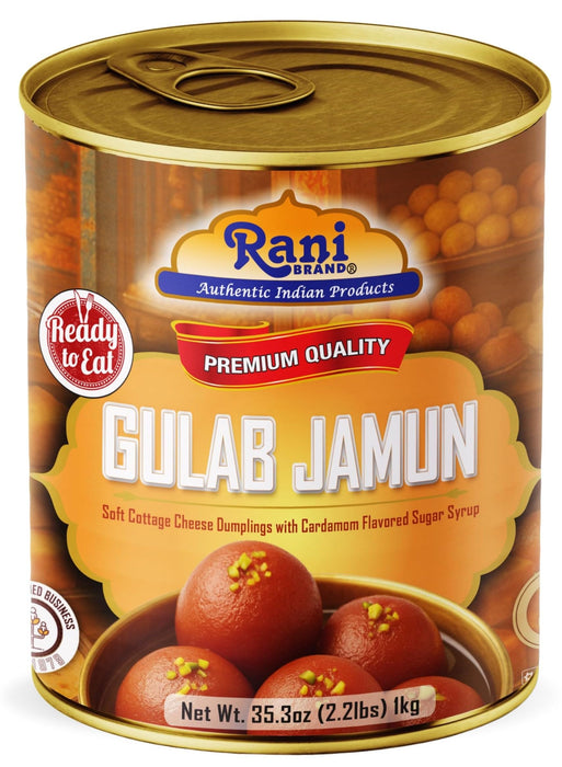 Rani Gulab Jamun Round (w/ Cardamom Flavored Sugar Syrup) 35.3oz (2.2lbs) 1kg, Approximately 14 pieces, Easy Open Lid ~ Ready to eat | Vegan | Non-GMO | Kosher | Indian Origin