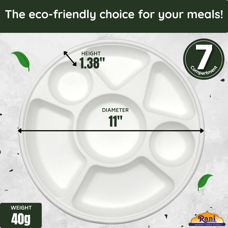 Rani 7 Compartment Round Biodegradable Divided Plates, Pack of 125 ~ Party, Thali, Buffet | Disposable & Eco-Friendly | Heavy-Duty Sturdy Paper Bagasse | Premium Quality | 11" Diameter, 1.38" Height