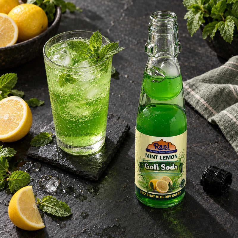 Rani Mint Lemon Goli Soda 6.7 fl oz (200 ml) Glass Bottle with Marble Seal, Pack of 6 ~ Vegan | Gluten Free | Non-GMO | Indian Origin