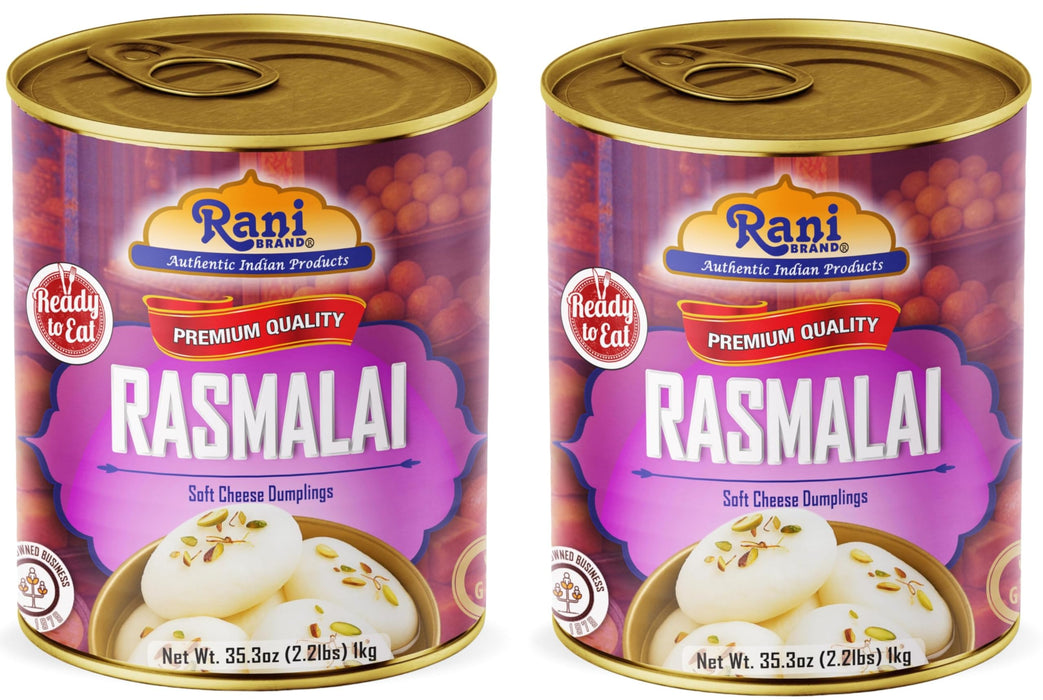 Rani Rasmalai (Soft Cheese Dumplings) 35.3oz (2.2lbs) 1kg, Pack of 2, Approximately 14 pieces, Easy Open Lid ~ Ready to eat | Gluten Friendly | Vegan | Non-GMO | Kosher | Indian Origin