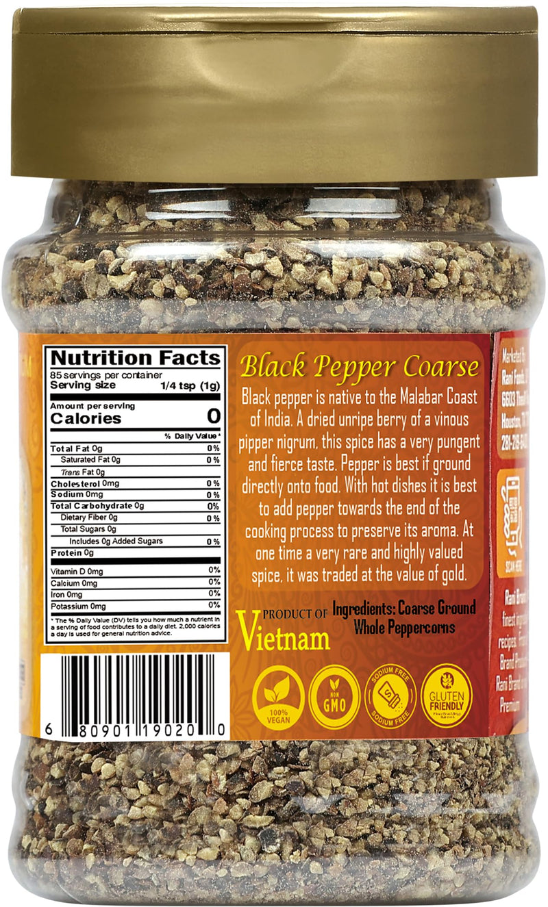 Rani Black Pepper Coarse Ground 28 Mesh (Table Grind), 3oz (85g) PET Jar ~ Gluten Friendly, Non-GMO, All Natural | Kosher