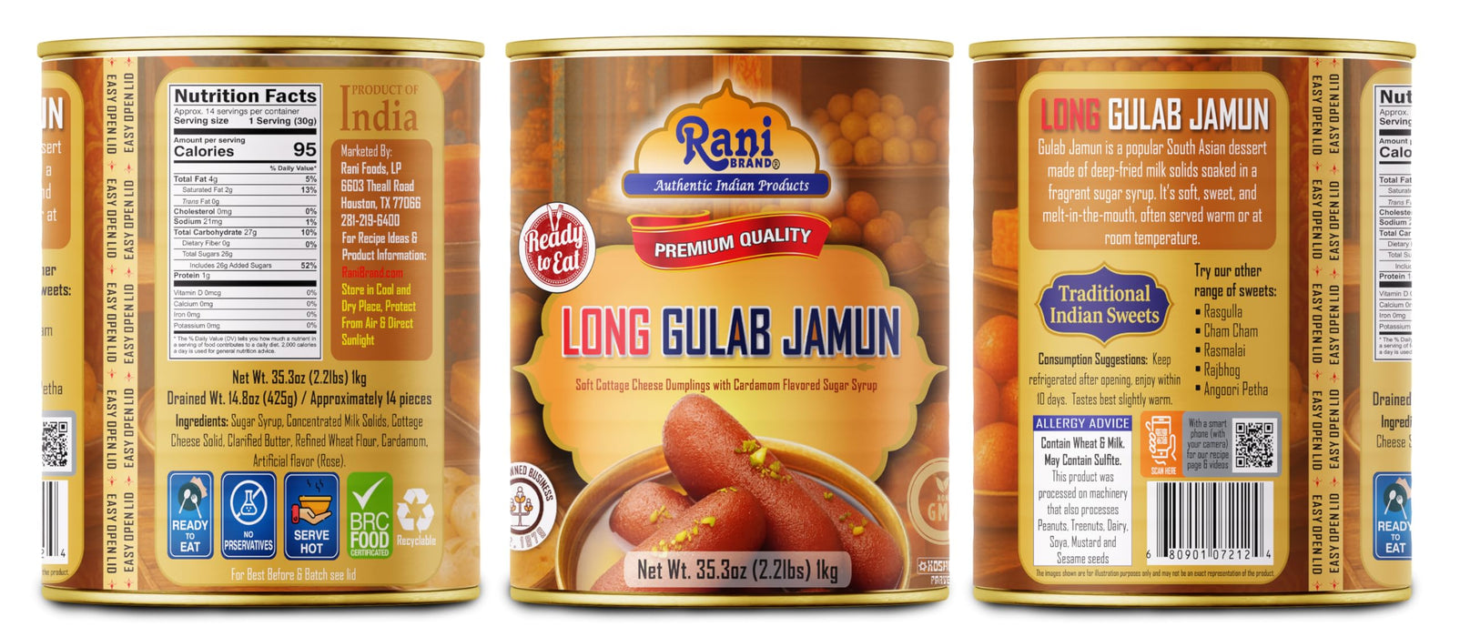 Rani Gulab Jamun Long (w/ Cardamom Flavored Sugar Syrup) 35.3oz (2.2lbs) 1kg, Approximately 14 pieces, Easy Open Lid ~ Ready to eat | Vegan | Non-GMO | Kosher | Indian Origin