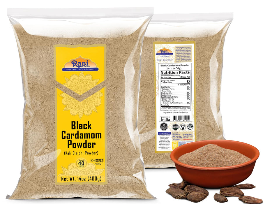 Rani Black Cardamom Powder (Kali Elachi) Indian Spice 14oz (400g) ~ All Natural | Vegan | Gluten Friendly | NON-GMO | Kosher | Indian Origin | Smokey, Tsaoko, Cao Guo, Bach Dan Khau, Badi