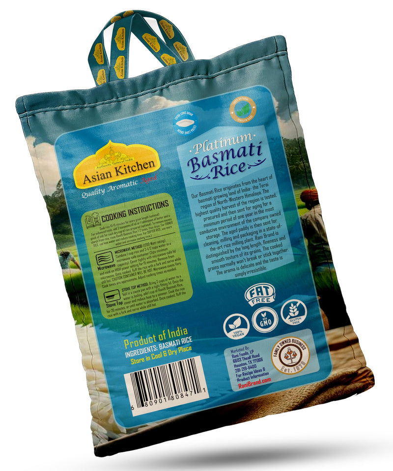 Asian Kitchen Platinum White Basmati Rice Extra Long Aged 10lbs (4.54kg) ~ All Natural | Vegan | Gluten Friendly | Indian Origin