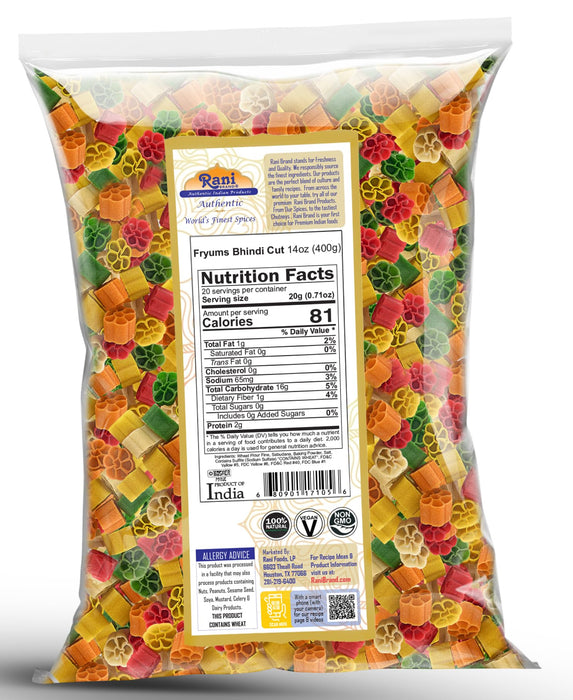Rani Far Far / Fryums (Wheat & Tapioca Pellet) Bhindi Shape 14oz (400g) ~ Vegan, Kosher, Uncooked, Used to make papad / chip snack