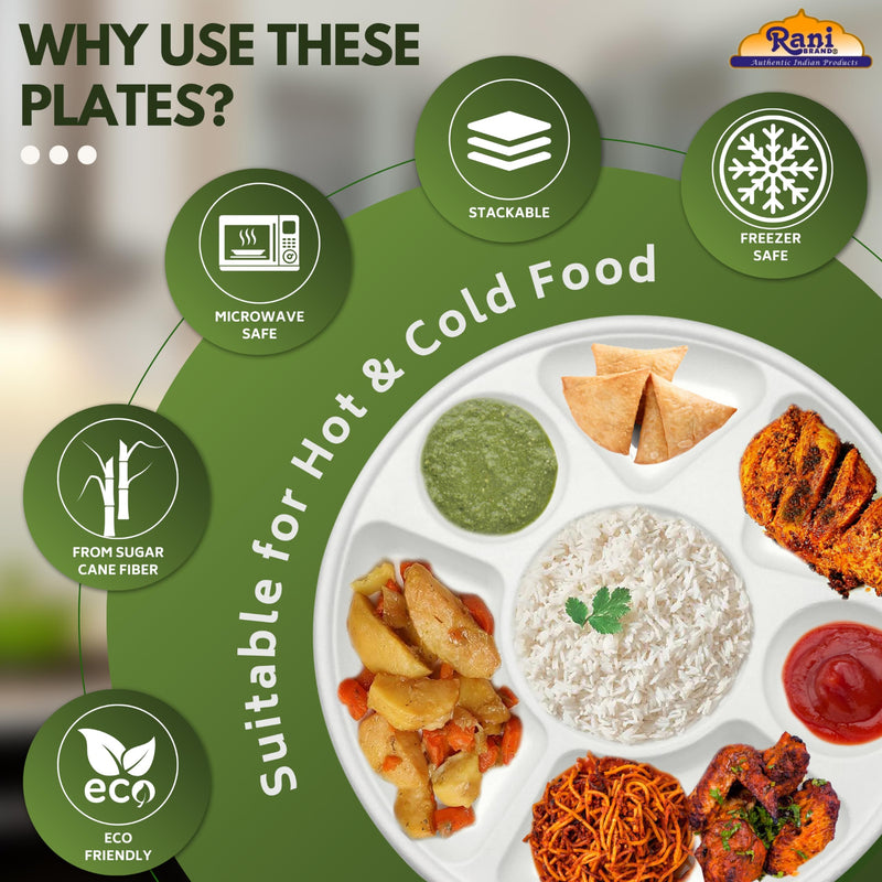 Rani 7 Compartment Round Biodegradable Divided Plates, Pack of 1000 ~ Party, Thali, Buffet | Disposable & Eco-Friendly | Heavy-Duty Sturdy Paper Bagasse | Premium Quality | 11" Diameter, 1.38" Height