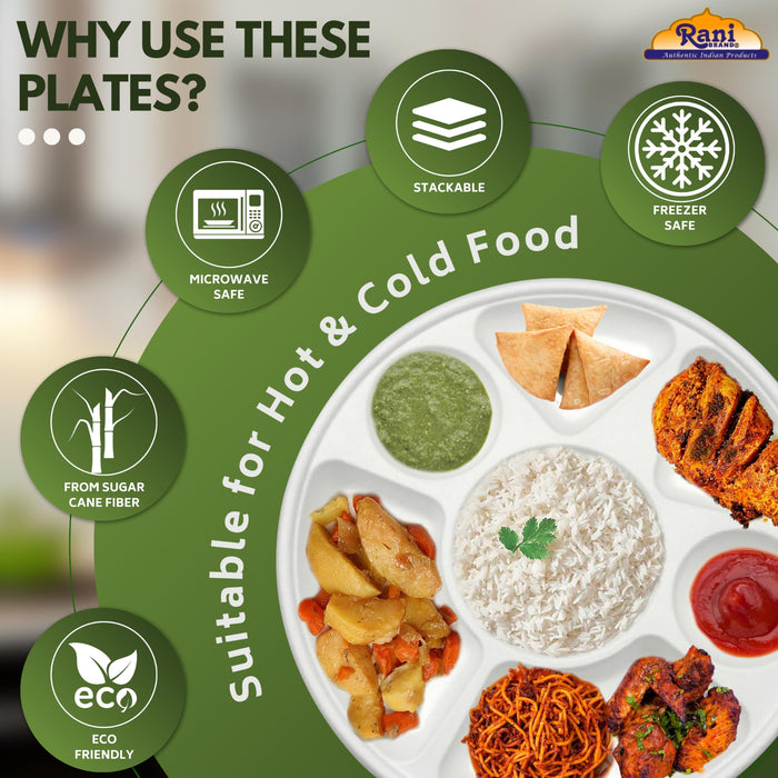 Rani 7 Compartment Round Biodegradable Divided Plates, Pack of 125 ~ Party, Thali, Buffet | Disposable & Eco-Friendly | Heavy-Duty Sturdy Paper Bagasse | Premium Quality | 11" Diameter, 1.38" Height