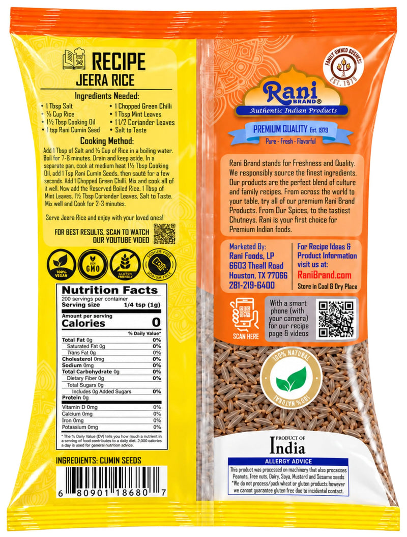 Rani Cumin Seeds Whole (Jeera) Spice 7oz (200g) ~ All Natural | Gluten Friendly | NON-GMO | Kosher | Vegan | Indian Origin