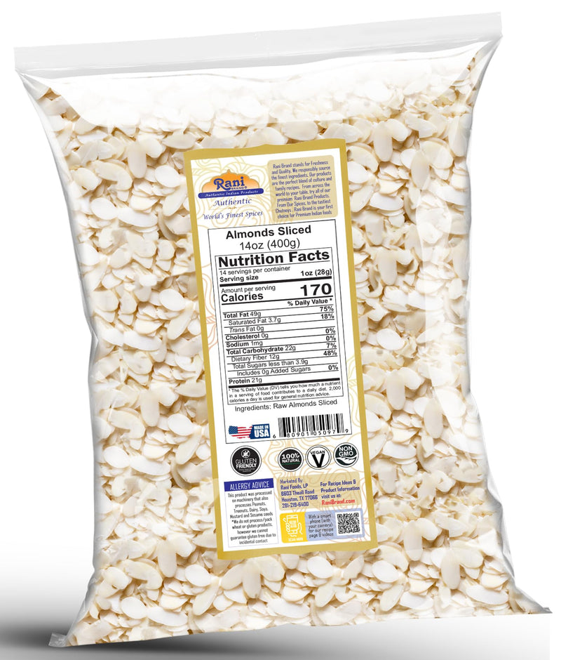 Rani Sliced Almonds (uncooked, unsalted) 14oz (400g) ~ All Natural | Vegan | Gluten Friendly | Kosher | Fresh Product of USA ~ California Shelled Almonds