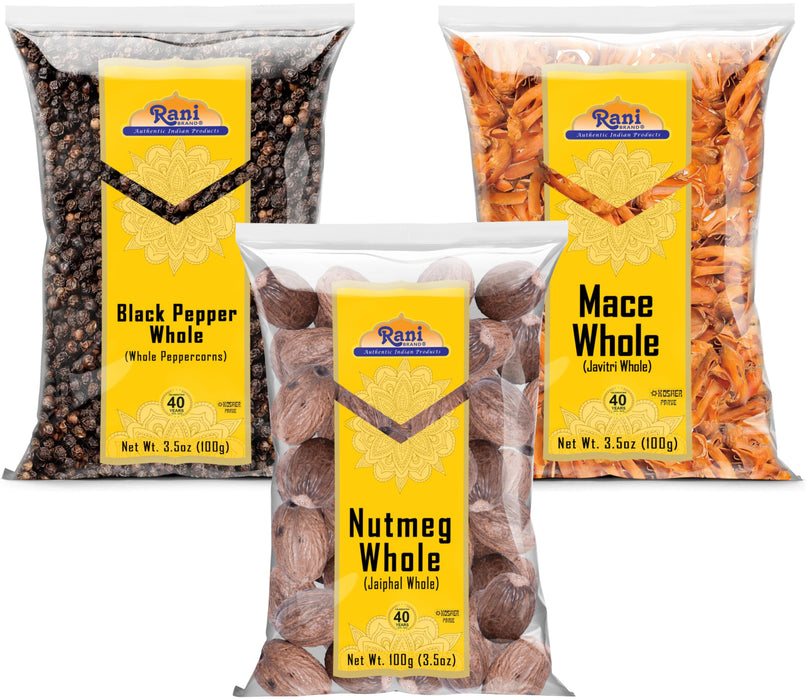 Rani Black Pepper, Nutmeg, Mace Whole Indian Spices ~ 3.5oz (100g) Combo Pack of 3 ~ All Natural | 100% Pure, Salt Free | Vegan | Gluten Friendly | NON-GMO | Indian Origin