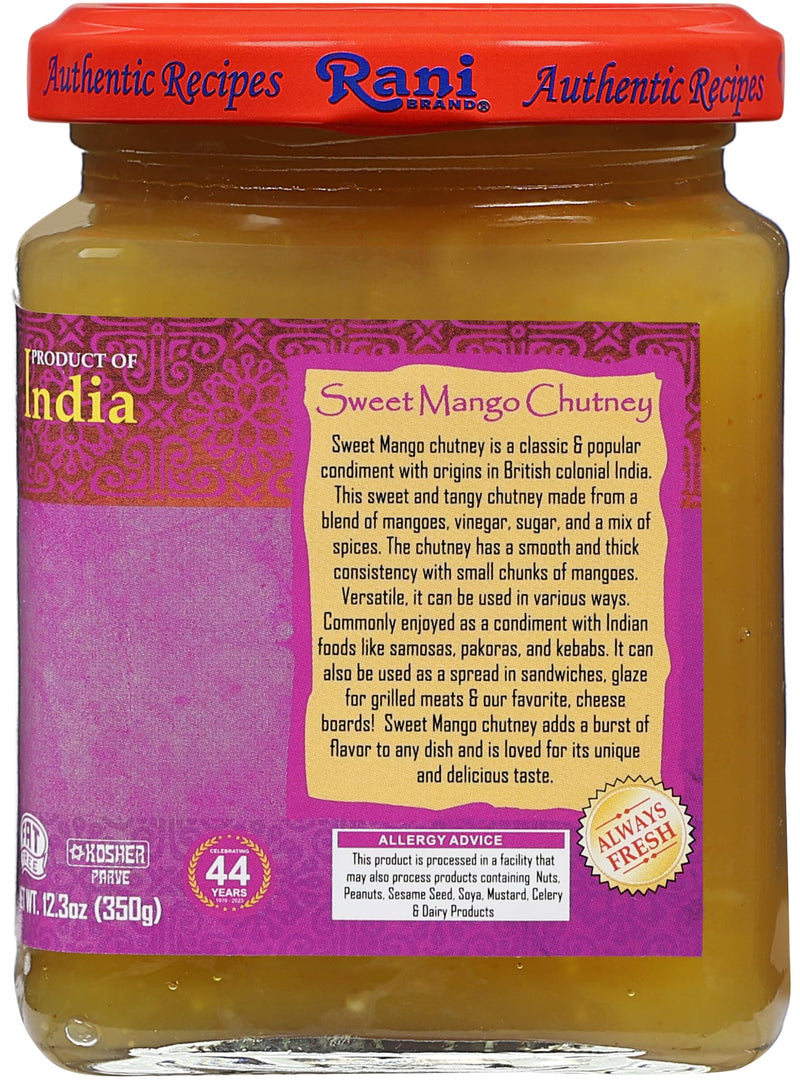 Rani Sweet Mango Chutney (Indian Preserve) 12.3oz (350g) Glass Jar, Ready to eat, Vegan ~ Gluten Free, All Natural, NON-GMO, Kosher