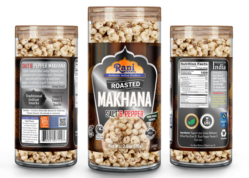 Roasted Makhana, Salt & Pepper Flavor - 2.6oz (75g)  - Rani Brand Authentic Indian Products