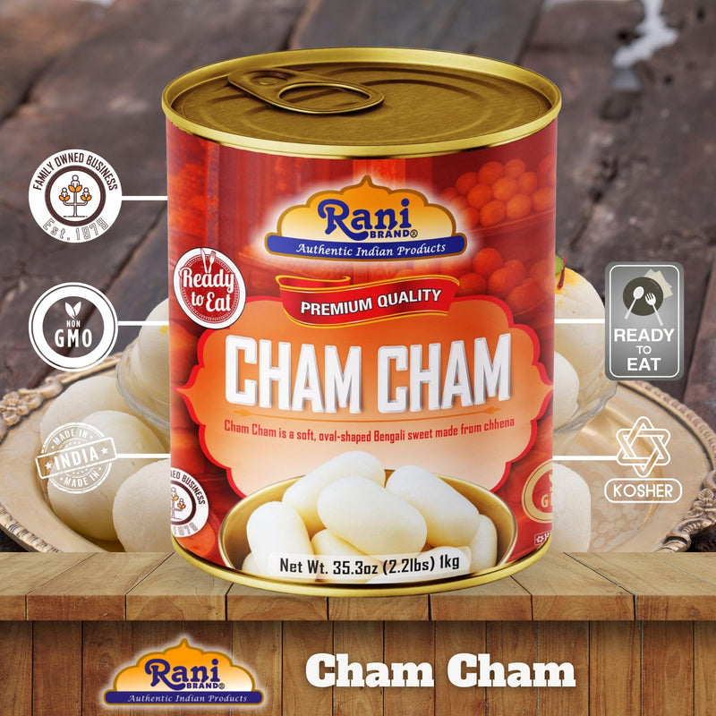Rani Cham Cham (Oval-shaped Bengali Sweet) 35.3oz (2.2lbs) 1kg, Pack of 2, Approximately 14 pieces, Easy Open Lid ~ Ready to eat | Gluten Free | Non-GMO | Kosher | Indian Origin