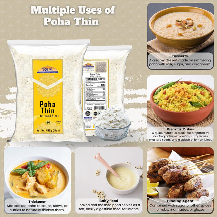 Rani Poha (Powa) Thin Cut (Flattened Rice) 14oz (400g) ~ All Natural, Salt-Free | Vegan | Kosher | No Colors | Gluten Friendly | Indian Origin