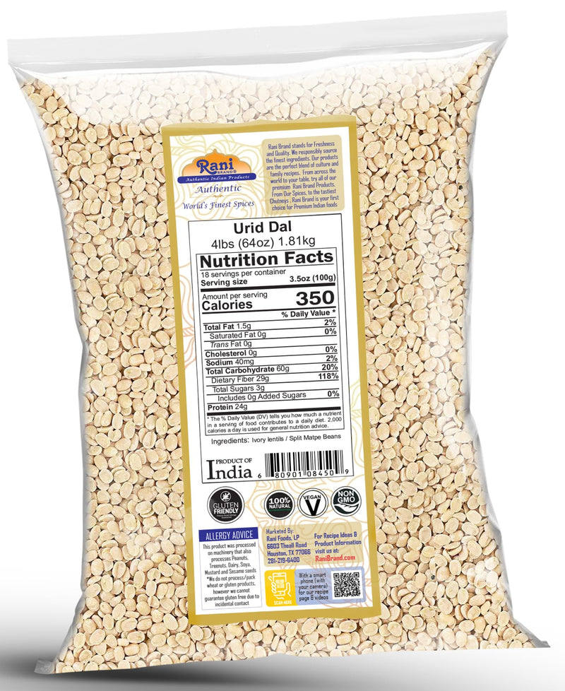 Rani Urid/Urad Dal (Split Matpe Beans Skinless) Indian Lentils 64oz (4lbs) 1.81kg ~ All Natural | Gluten Friendly | NON-GMO | Kosher | Vegan | Indian Origin