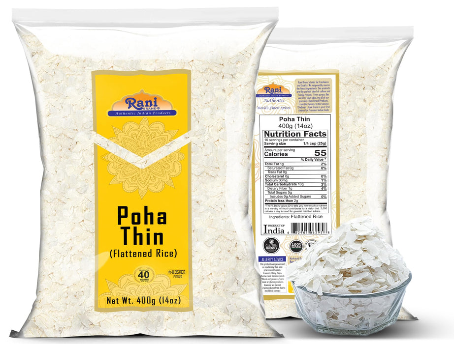 Rani Poha (Powa) Thin Cut (Flattened Rice) 14oz (400g) ~ All Natural, Salt-Free | Vegan | No Colors | Gluten Friendly | Indian Origin