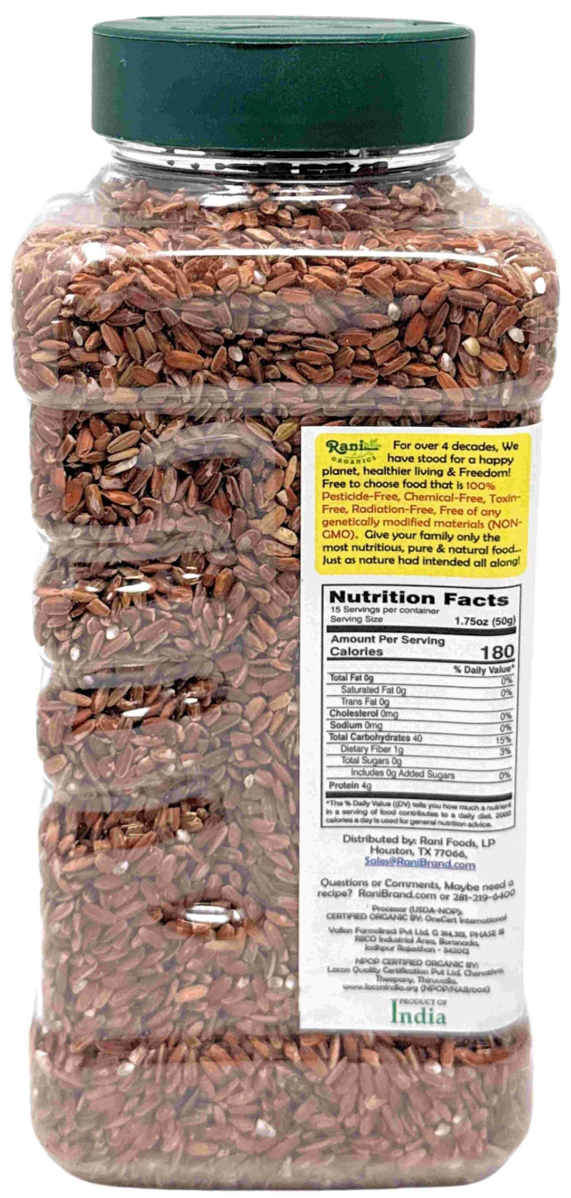 Rani Organic Red Rice Extra Long Aged 28oz (1.75lbs) 800g PET Jar ~ All Natural | Gluten Friendly | Vegan | Indian Origin | Kosher | Export Quality | USDA Certified Organic