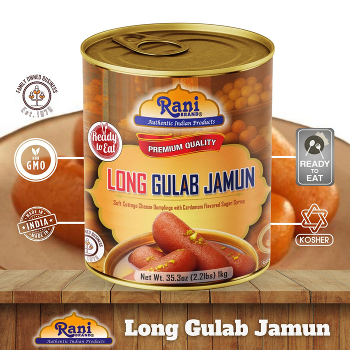 Rani Gulab Jamun Long (w/ Cardamom Flavored Sugar Syrup) 35.3oz (2.2lbs) 1kg, Pack of 2, Approximately 14 pieces, Easy Open Lid ~ Ready to eat | Vegan | Non-GMO | Kosher | Indian Origin