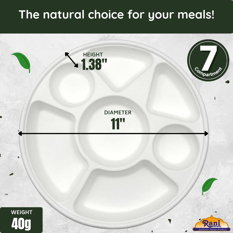 Rani 7 Compartment Round Biodegradable Divided Plates, Pack of 500 ~ Party, Thali, Buffet | Disposable & Eco-Friendly | Heavy-Duty Sturdy Paper Bagasse | Premium Quality | 11" Diameter, 1.38" Height
