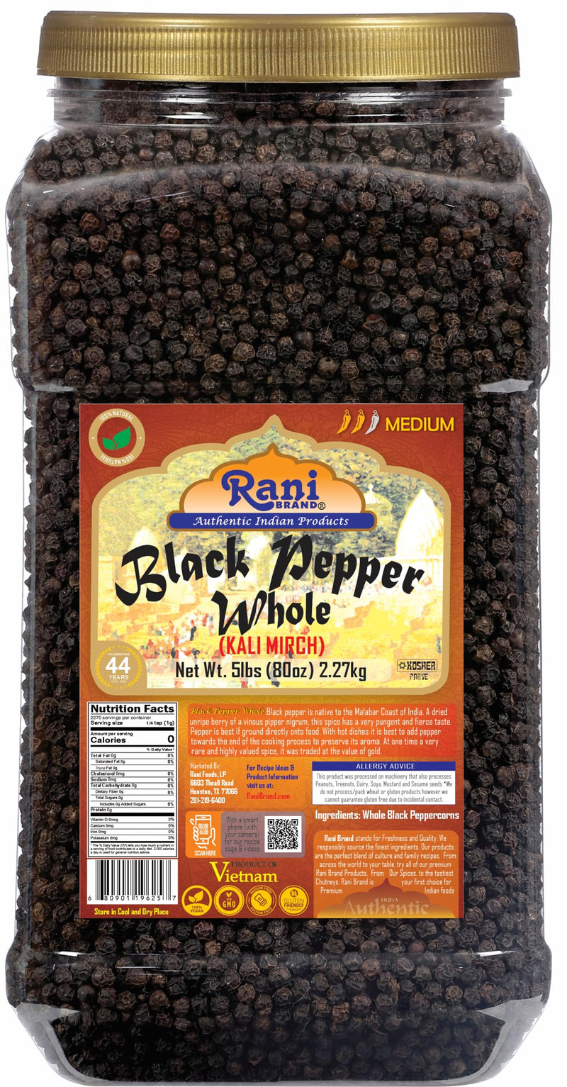 Rani Black Pepper Whole (Peppercorns), Premium Bold Tellicherry Quality 80oz (5lbs) 2.27kg Bulk PET Jar ~ All Natural | Gluten Friendly | Non-GMO | Kosher | Product of Vietnam