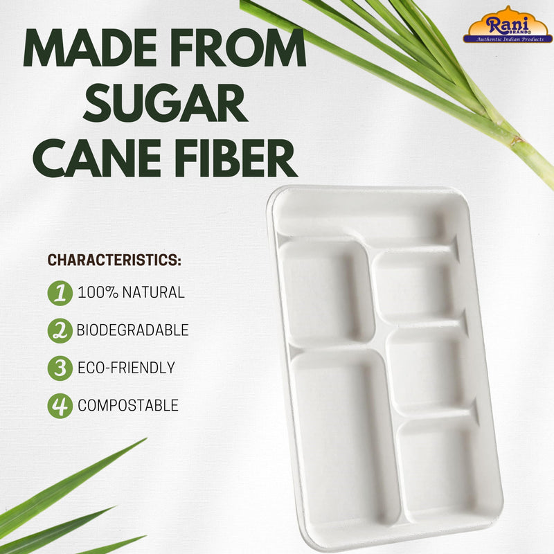 Rani 6 Compartment Square Biodegradable Divided Plates, Pack of 500 ~ Party, Thali, Buffet | Disposable & Eco-Friendly | Heavy-Duty Sturdy Paper Bagasse | Premium Quality | 12.5" x 8.5" x 1.10"