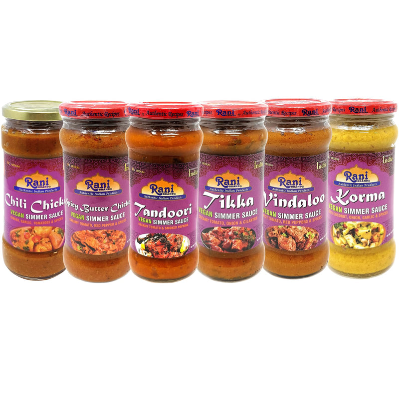 Rani Curry Vegan Simmer Sauces 6-Pack Variety (Tandoori, Tikka, Vindaloo, Korma, Chilli Chicken, Spicy Butter Chicken) 14oz (400g) Glass Jar ~ Easy to Use | All Natural | Gluten Free | Indian Origin
