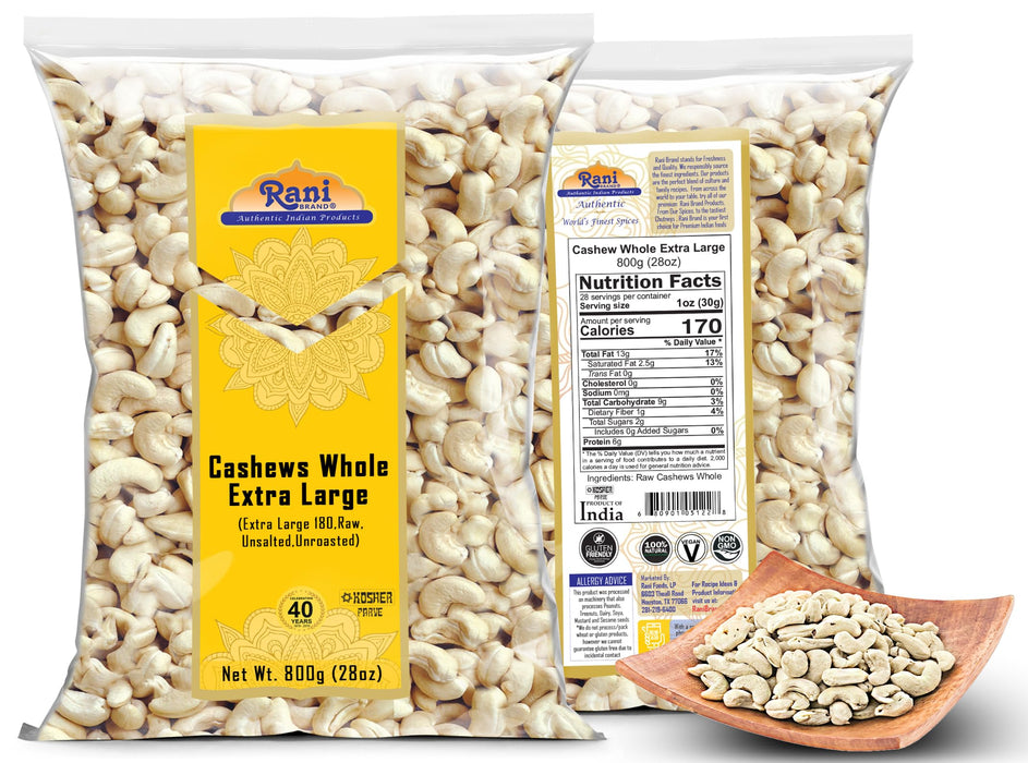 Rani Raw Cashews Whole W180 Extra Large (uncooked, unsalted) 28oz (800g) ~ All Natural, No Preservatives | Vegan | NON-GMO | Kosher | Gluten Friendly