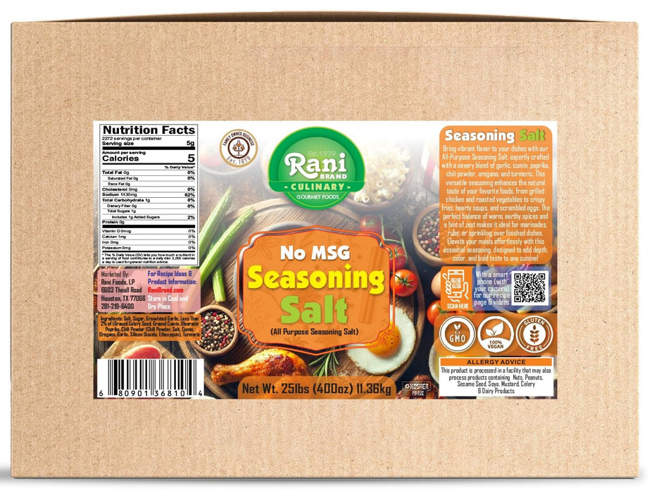 Rani No MSG Seasoning Salt (All Purpose Seasonign Salt) 400oz (25lbs) 11.36kg Bulk Box ~ All Natural | Gluten Friendly | NON-GMO | Kosher | Vegan | Product of USA
