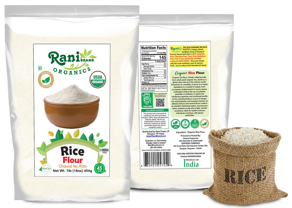 Rani Organic Rice (White) Flour 16oz (1lb) 454g ~ All Natural | Gluten Friendly | Vegan | NON-GMO | Kosher | Indian Origin | USDA Certified Organic