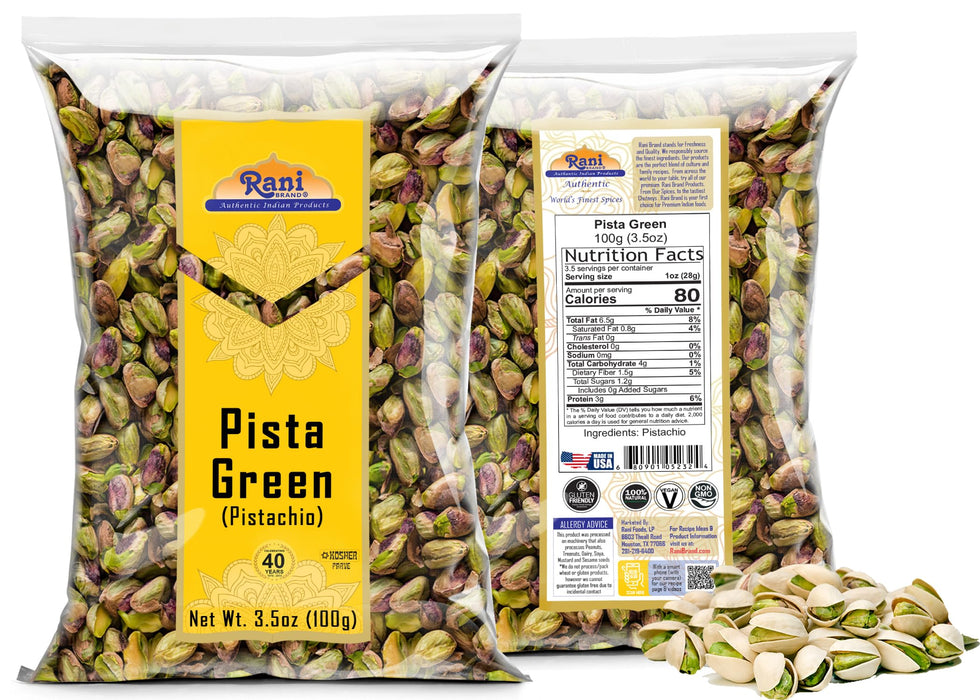 Rani Pista (Pistachio) Green 3.5oz (100g) ~ All Natural | Gluten Friendly | Vegan | NON-GMO | Kosher | No Salt or fillers | Indian Origin