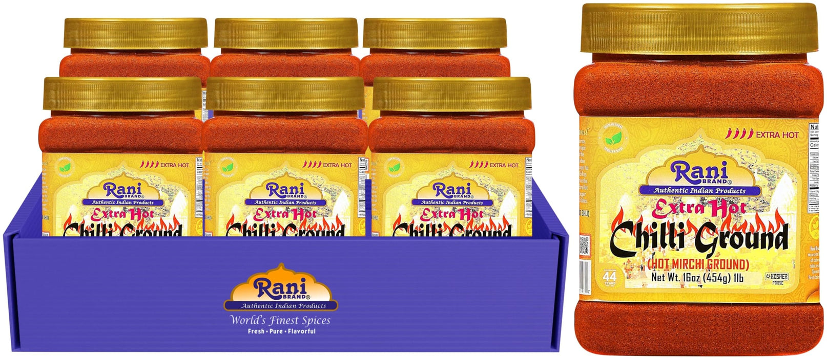 Rani Extra Hot Chilli Powder Indian Spice 16oz (1lb) 454g PET Jar, Pack of 6 ~ All Natural | No Color added | Gluten Friendly | Vegan | NON-GMO | Kosher | No Salt or fillers