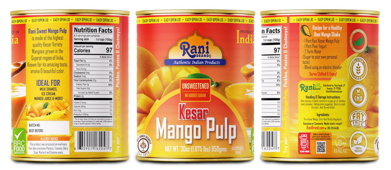 Rani Mango Pulp Puree (Makes Mango Lassi Shakes) Kesar Unsweetened 30oz (1.875lbs) 850g Pack of 18 ~ Kosher | All Natural | NON-GMO | Vegan | No colors | Gluten Friendly | Indian Origin