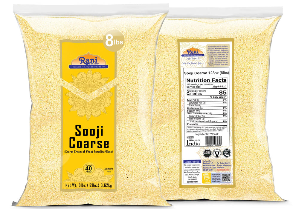 Rani Sooji Coarse (Farina, Suji, Rava, Rawa, Wheat Semolina) Flour, 128oz (8lbs) 3.63kg ~ Natural | Vegan | NON-GMO | Kosher | Indian Origin