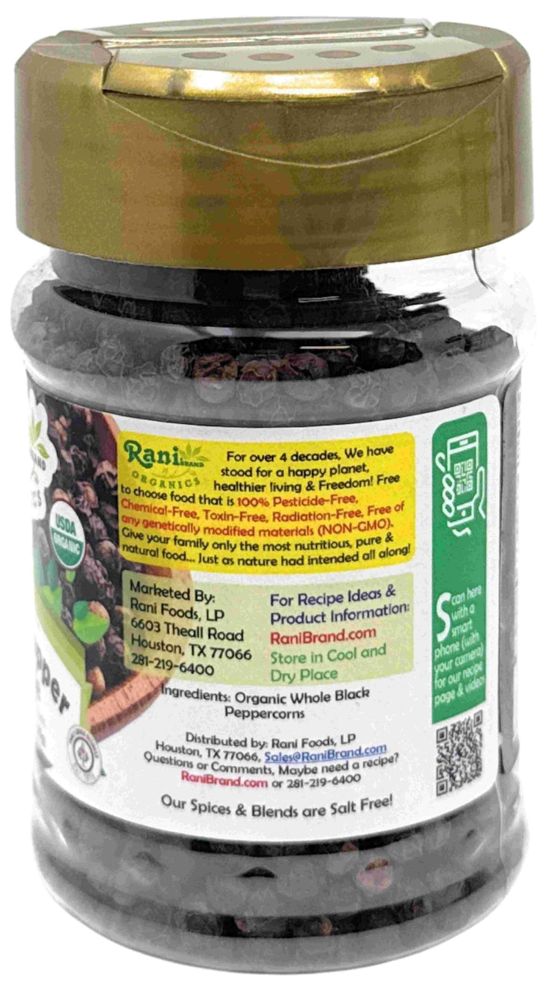Rani Organic Black Pepper Whole (Peppercorns), Premium Bold Tellicherry Quality 3oz (85g) PET Jar ~ All Natural | Gluten Friendly | Non-GMO | USDA Certified Organic | Kosher | Product of Vietnam